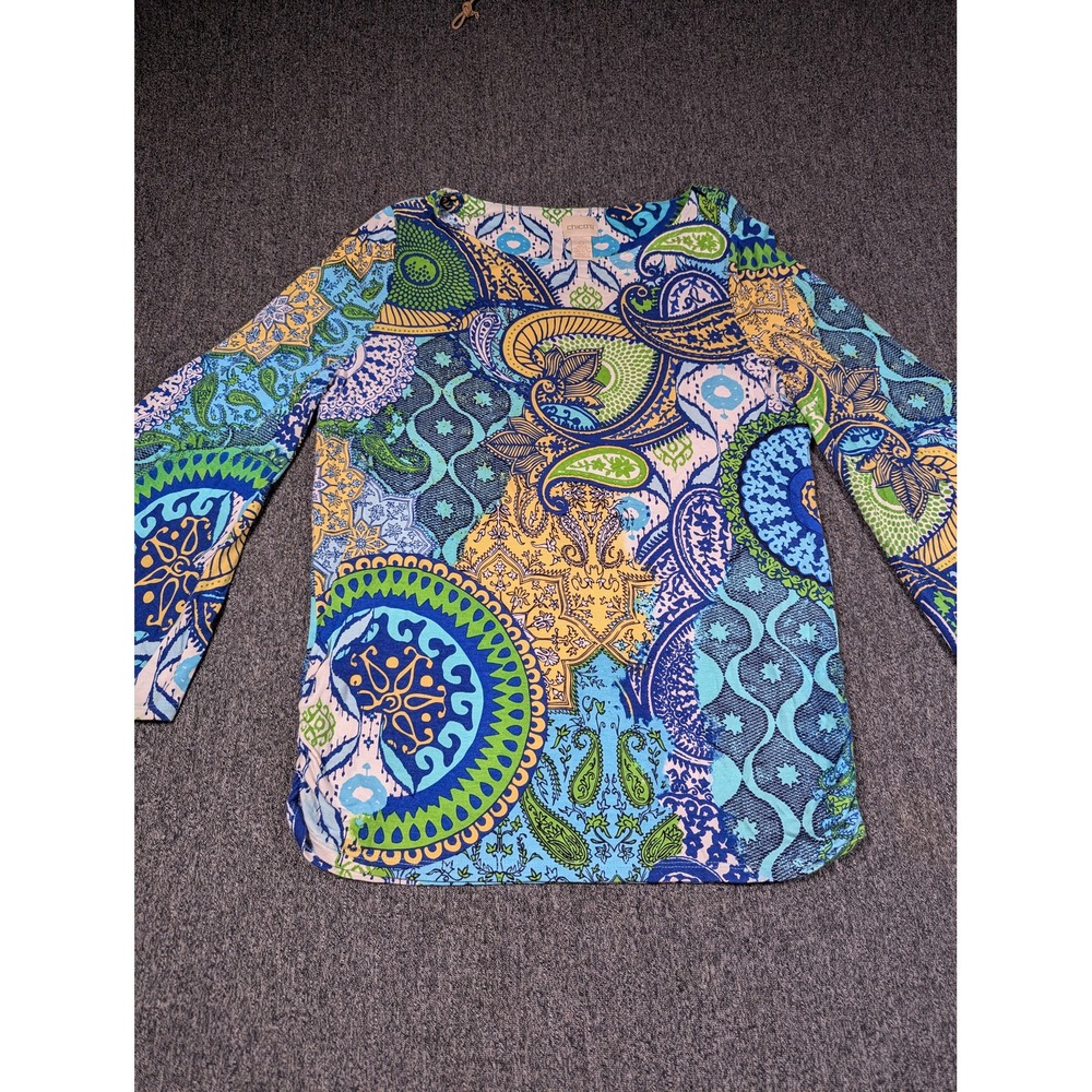 Chicos Paisley Boat Neck Bell Sleeve Top Blue Green Yellow Size 0 Small